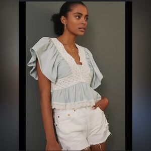 Anthropologie Mint Green Lace Trim babydoll blouse xl